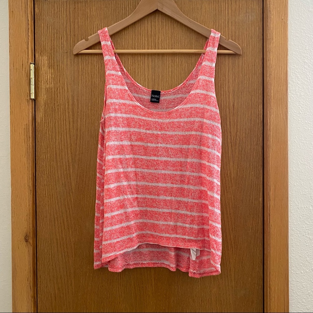NOLLIE • Knit Tank Top - Bright Coral Pink & White Stripes - Size L